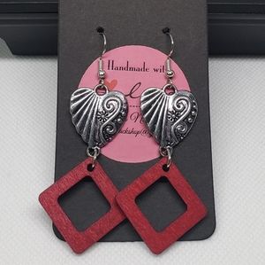 Metal Heart & Red Wood Earrings